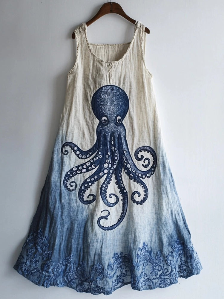 Octopus Pattern Linen Blend Contrast Color Dress elevenforest