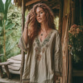 Retro Floral Tribal Embroidery Art  Linen Blend Loose Blouse elevenforest
