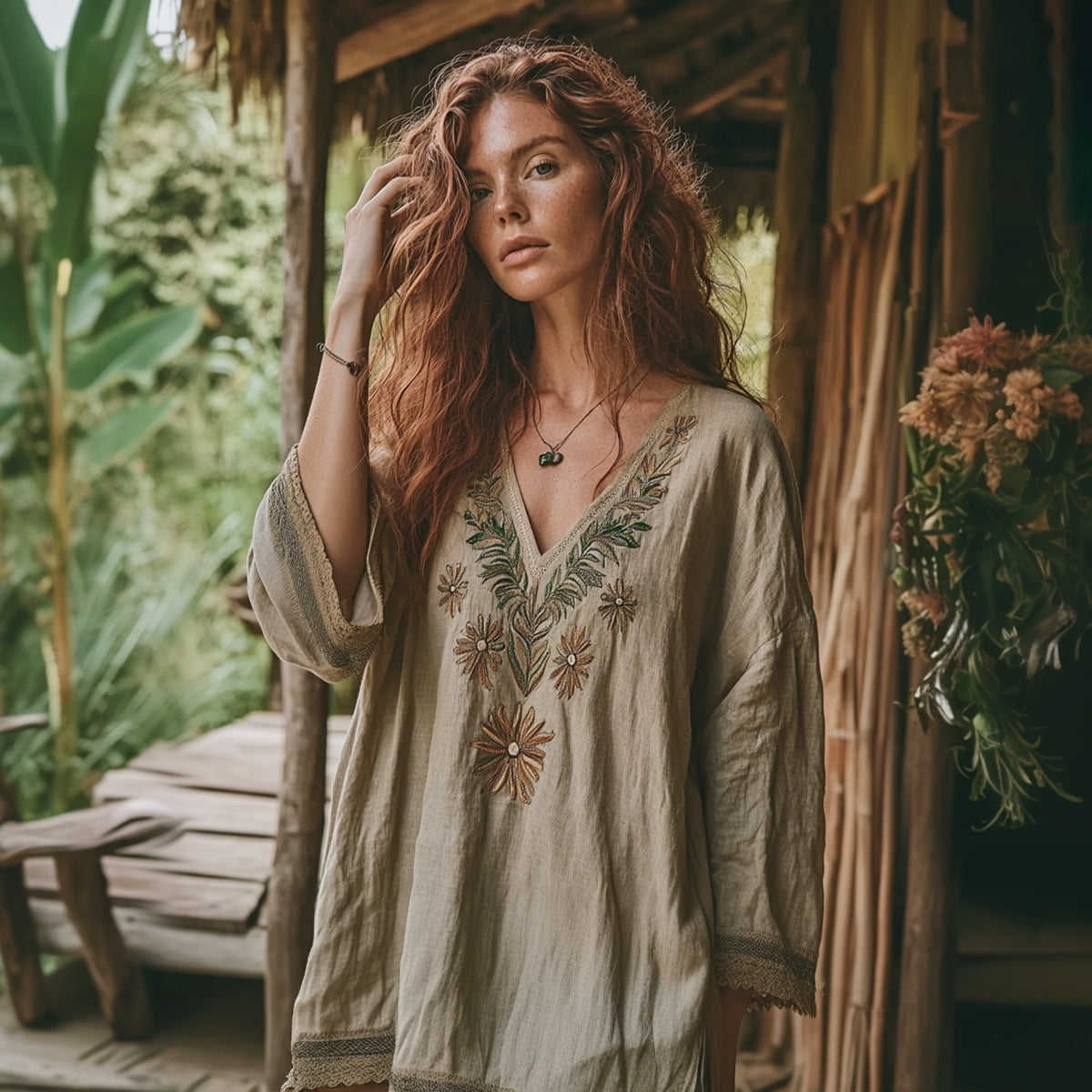 Retro Floral Tribal Embroidery Art  Linen Blend Loose Blouse elevenforest