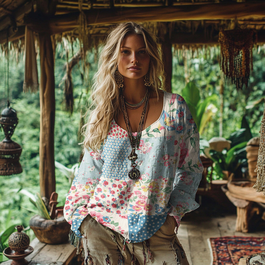 Retro Bohemian Resort Floral Patchwork Art Print Cotton And Linen Blend Loose Blouse elevenforest