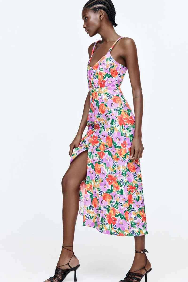 Buttoned Trim Cami Slit Midi Dress