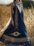 Eye Of Horus Ancient Egyptian Embroidered Contrast Linen Maxi Dress elevenforest