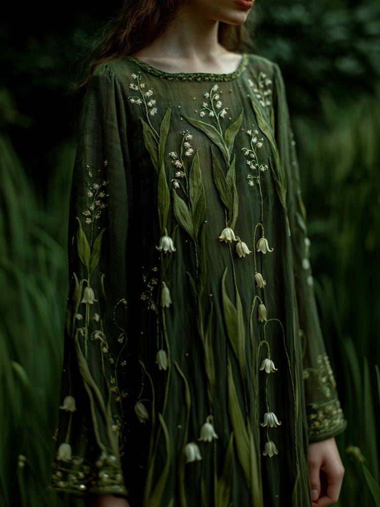 Elegant Lily Of The Valley Embroidered Linen Maxi Dress elevenforest