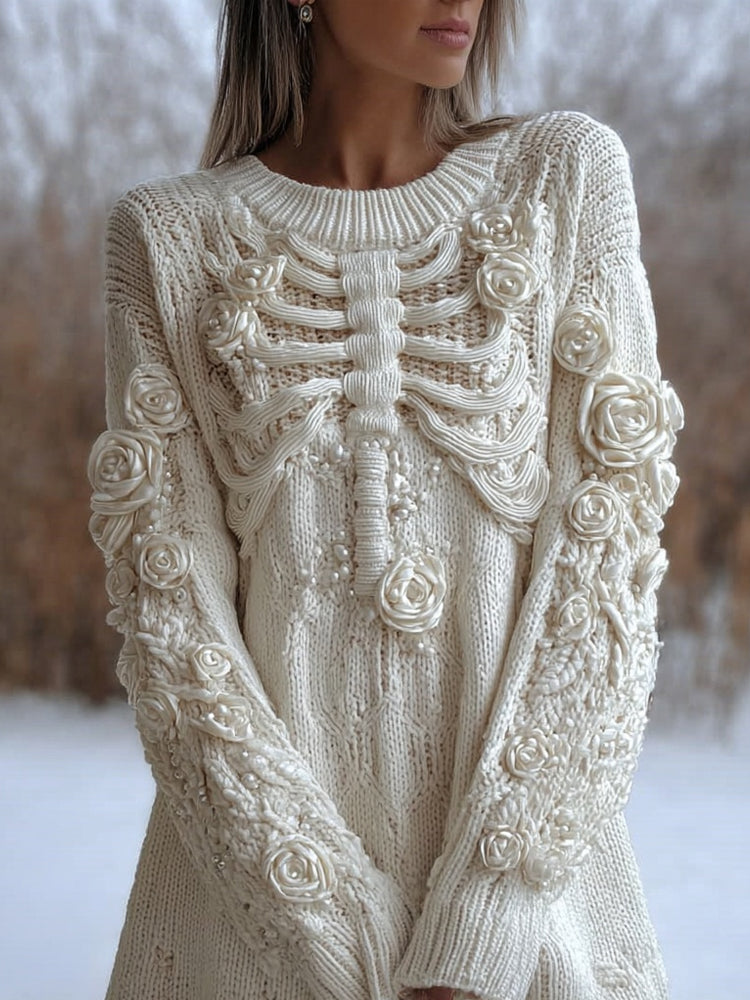 Vintage White Skeleton Roses Crochet Cozy Sweater Dress elevenforest