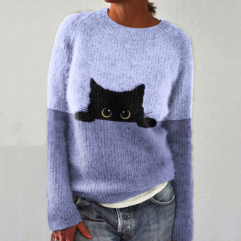 Abstract Creative Peek-A-Boo Black Cat Painting Art Print Knitted Pullover Sweater elevenforest