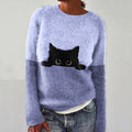 Comstylish Abstract Creative Peek-A-Boo Black Cat Painting Art Print Knitted Pullover Sweater