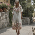 Women's Vintage Pink Rose Gradient Pattern Linen Crew Neck Dress elevenforest