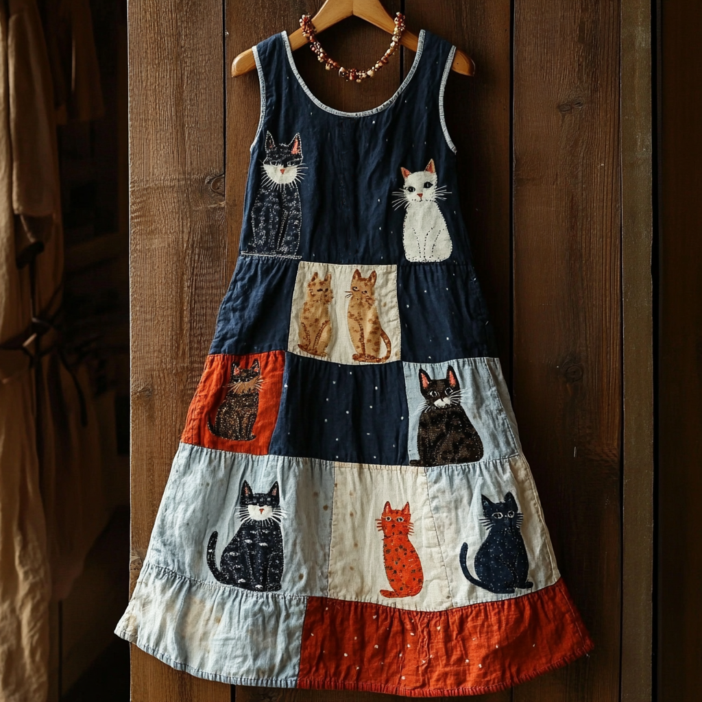 Retro Funny Cat Patchwork Denim Print Dress elevenforest