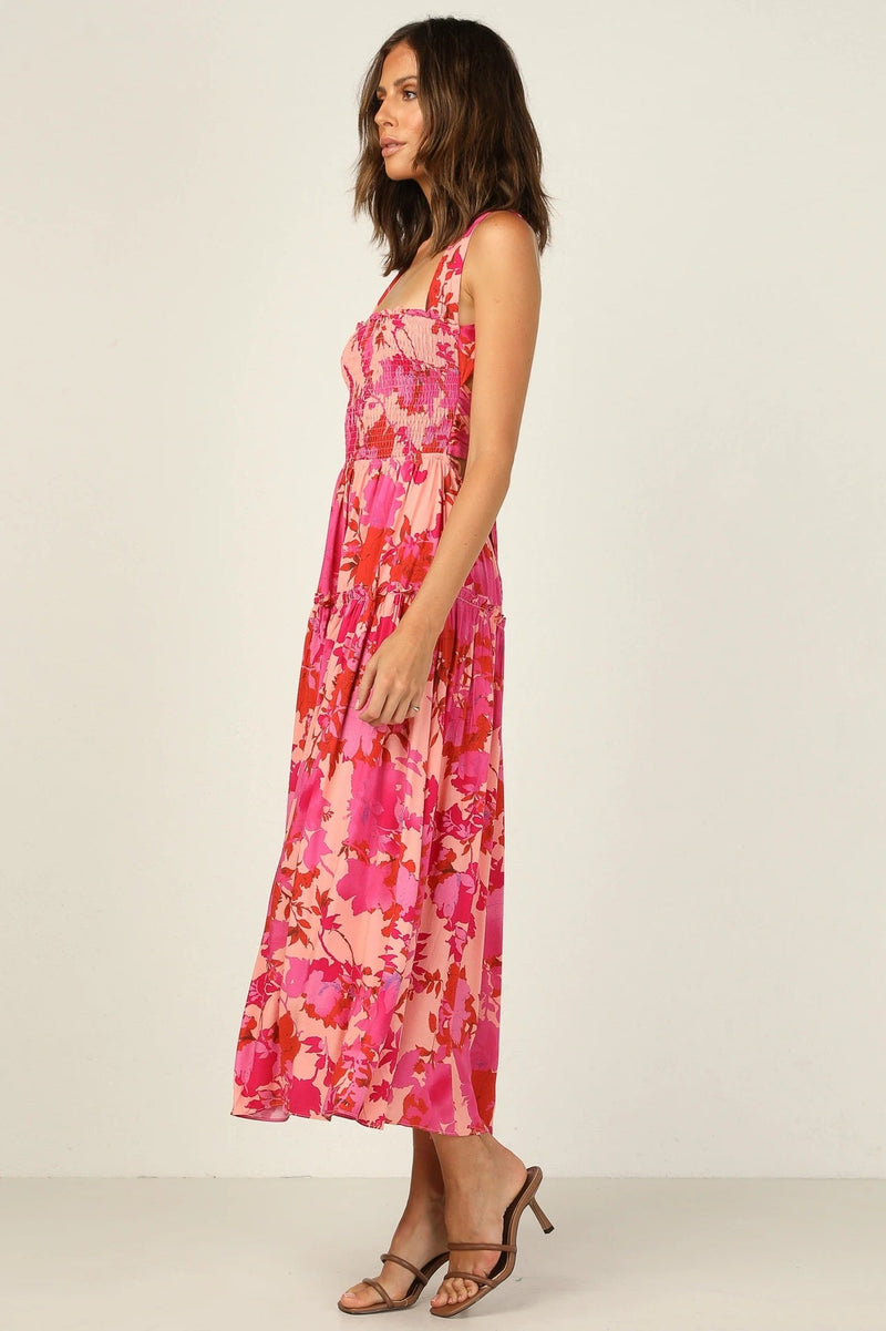 Smocked Elastic Cami Midi Dress Red