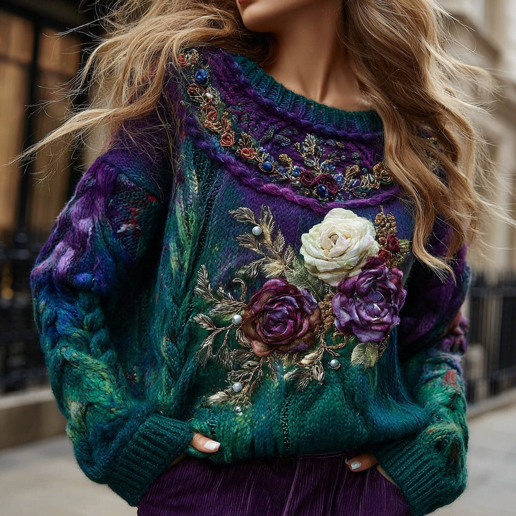 Women's Retro Rose Gradient Knitted Warm Crew Neck Sweater elevenforest