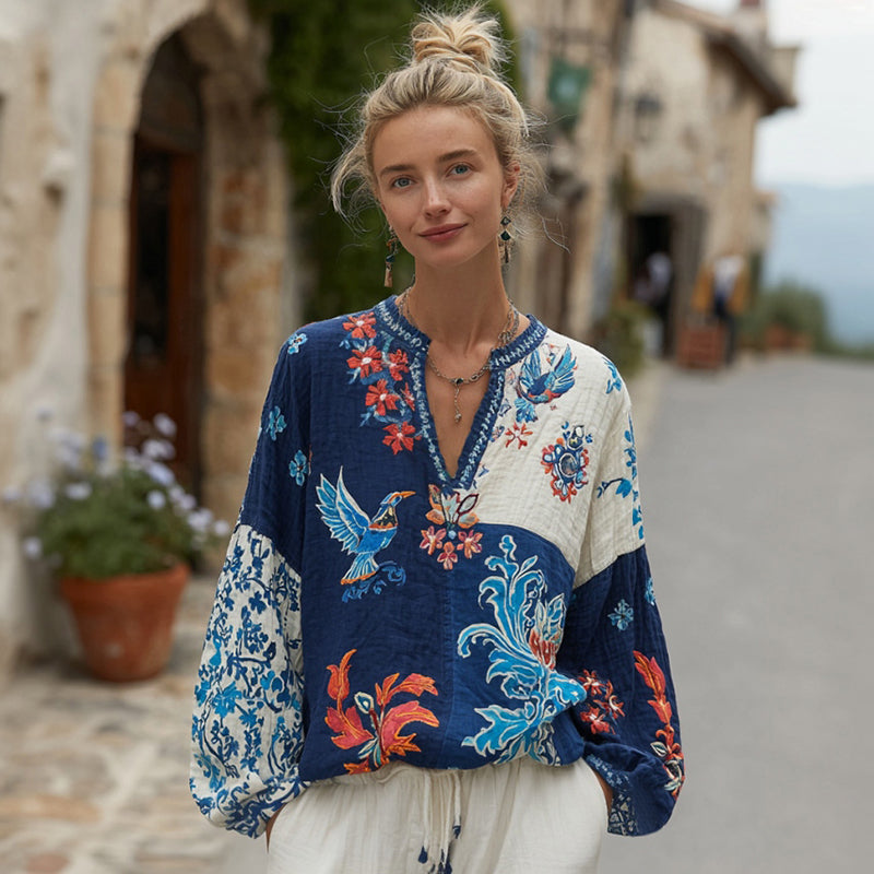 Women's Patchwork Art Floral And Bird Pattern Comfortable Top elevenforest
