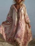 Boho Pink Roses Embroidered Oversize Flowy Linen Maxi Dress elevenforest