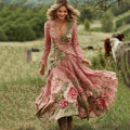 Women's Vintage Floral Art V Neck Linen Blend Comfy Maxi Dress elevenforest