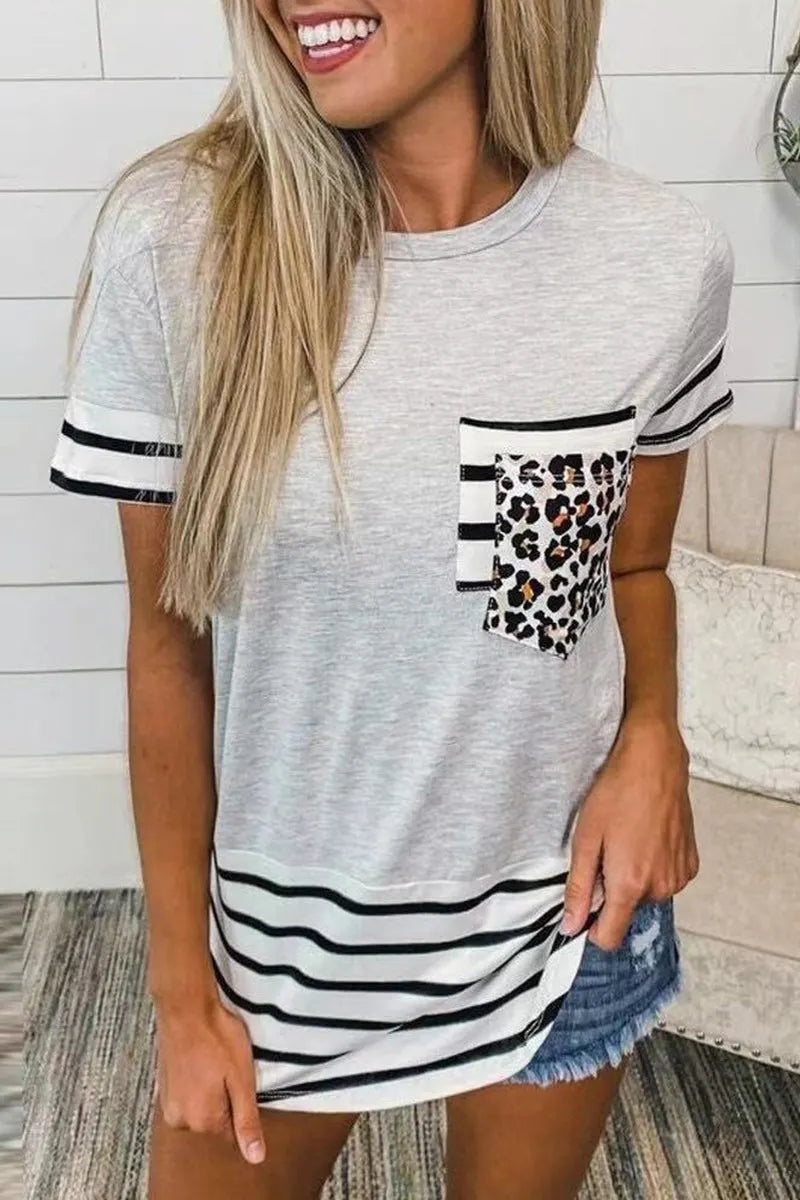 Striped Leopard Patchwork Pocket T-shirts(10 Colors)