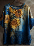 Oil Painting Inspired Sunflowers Embroidered Linen Tunic elevenforest