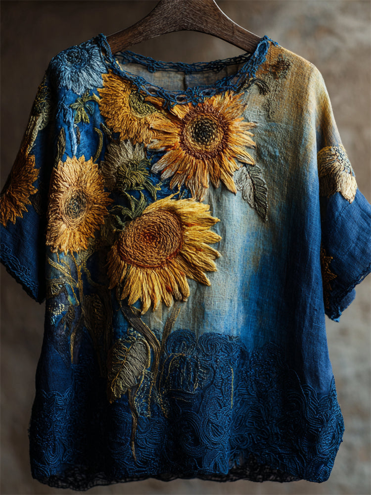 Oil Painting Inspired Sunflowers Embroidered Linen Tunic