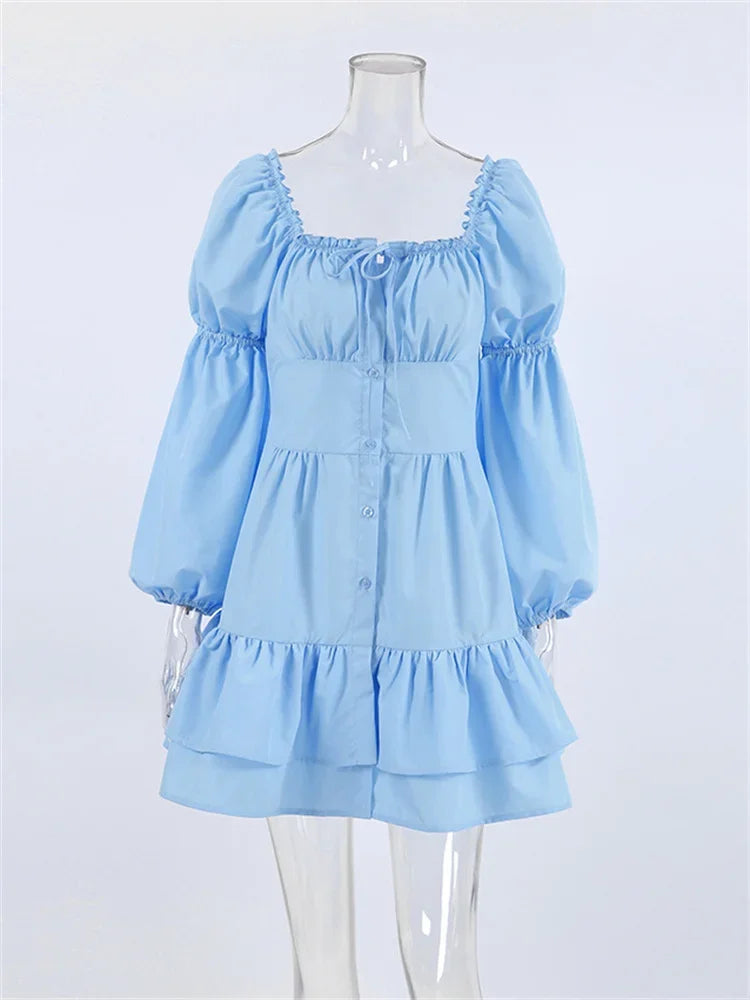 Tossy Lace-up Patchwork Ruffled Mini Dress ’s Square Collar Long Sleeve Party Dress Clothes Summer Dress