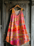 Women's Retro Ethnic Collage Art Print V-neck Pocket Cotton Dress