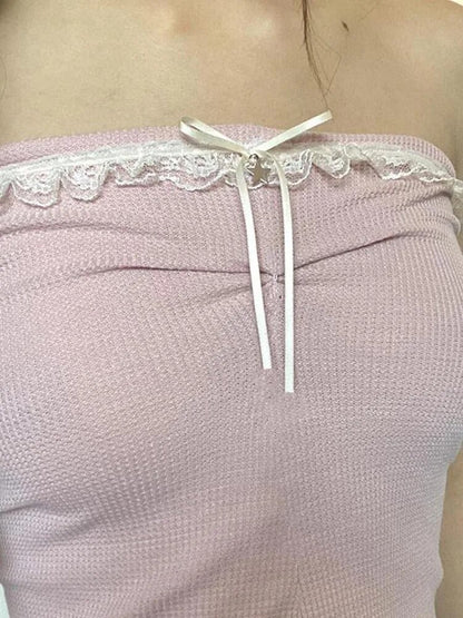 Sweet Off Shoulder Crop Top Kawaii Strapless Pink Tube Tops Bow Stitched Sleeveless Vest Y2k Summer
