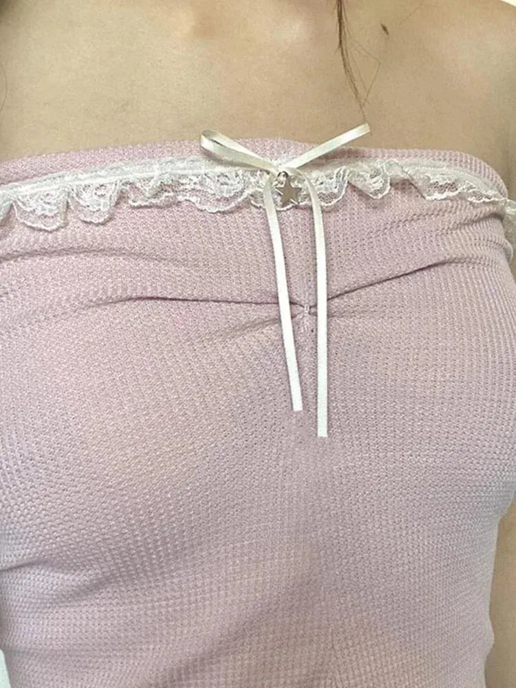Sweet Off Shoulder Crop Top Kawaii Strapless Pink Tube Tops Bow Stitched Sleeveless Vest Y2k Summer