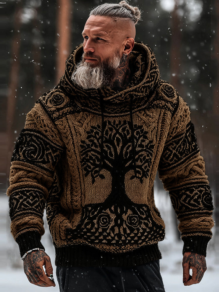 Men's Viking Tribal Jacquard Celtic With Rose And Tree Of Life Inspired Chunky Knit Hooded Sweater elevenforest