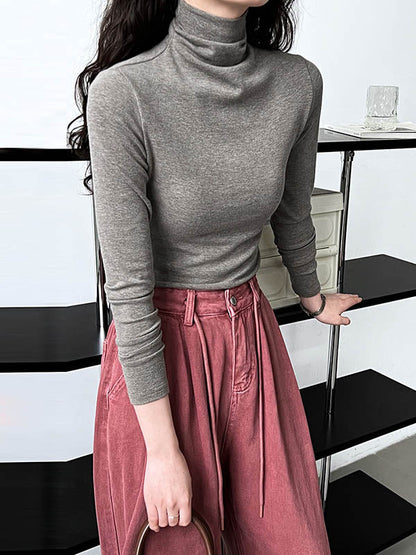 Long Sleeves Skinny Color Split-joint High Neck T-shirts