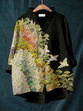 Comstylish Vintage Japanese Art Ruffle Trim Linen Blouse