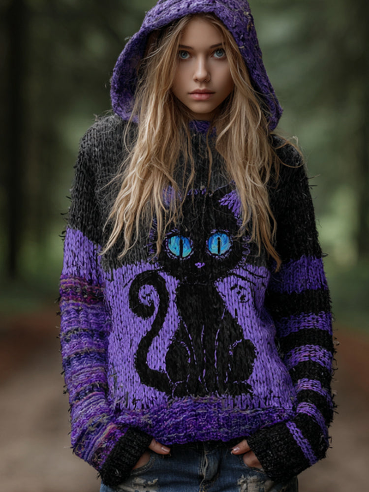 Comstylish Women's Halloween Cat Embroidery Double-color Splicing Vintage Hooded Sweater