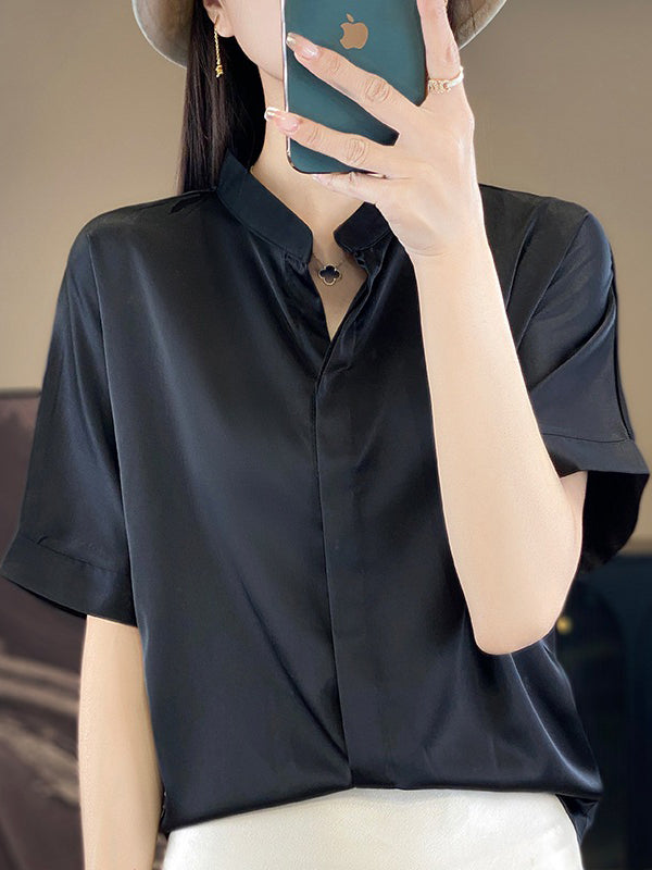 Loose Short Sleeves Buttoned Color Stand Collar Blouses&shirts Tops