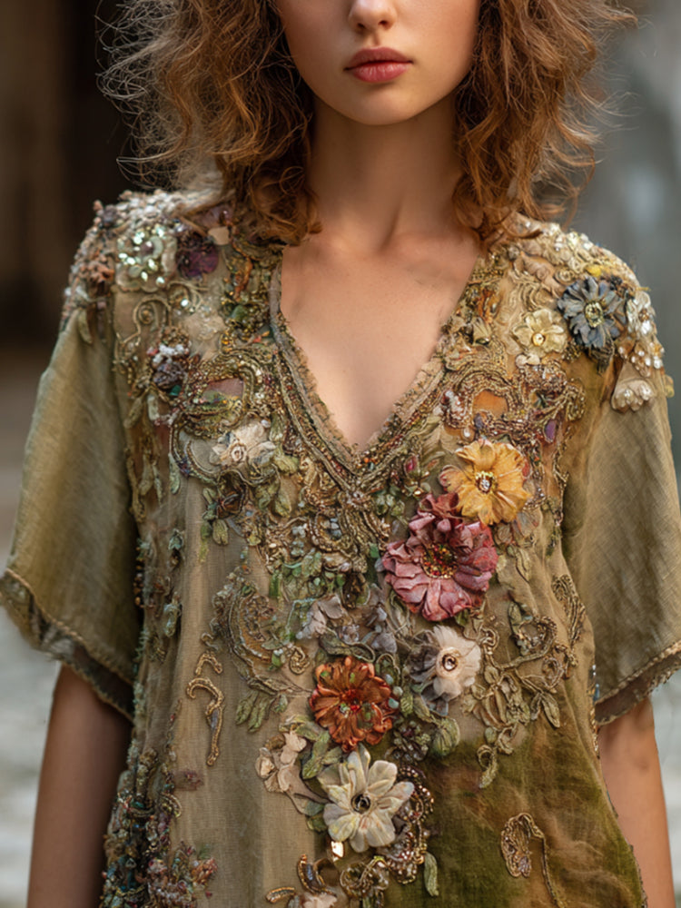 Bohemian Wizard Of Oz Flower Vintage V-neck Short-sleeve Top elevenforest