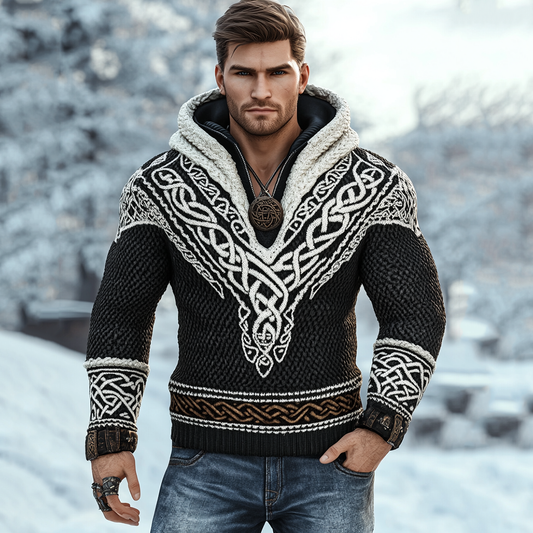 Men's Vintage Viking Inspired Celtic Jacquard Hooded Sweater artswardrobe