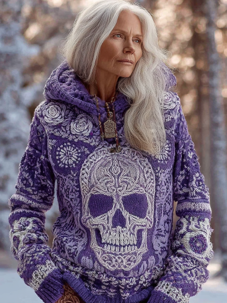 Halloween Skeleton Element Viking Style Women's Hooded Pullover Knit Sweater elevenforest