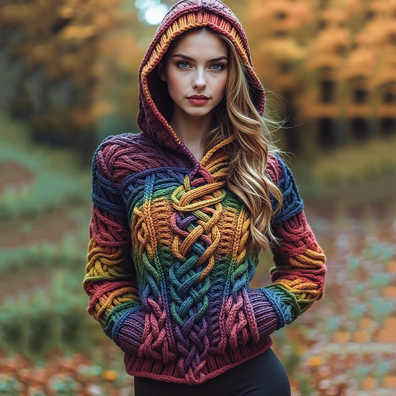 Irish Rainbow Kettle Knot Pattern Jacquard Cozy Hooded Sweater elevenforest
