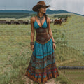 Women's Vintage Western Paisley Geometric Print V-neck Slip Maxi Dress elevenforest