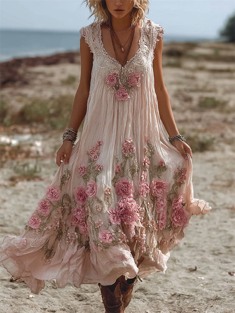 Vintage Pink Roses Fiber Art Lace Flowy Linen Maxi Dress elevenforest