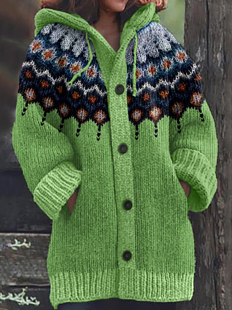 Retro Geometric Knitted Button Down Cozy Hoodie Sweater elevenforest