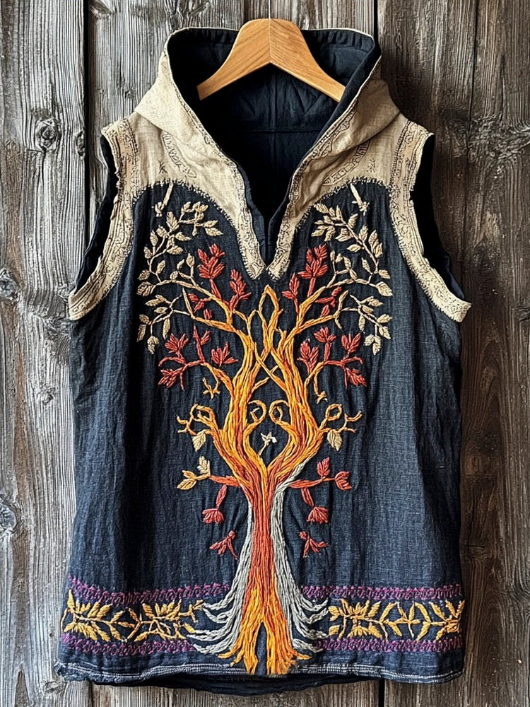 Nordic Mythology Tree Of Life Vintage Embroidered Men's Hooded Tank Top elevenforest