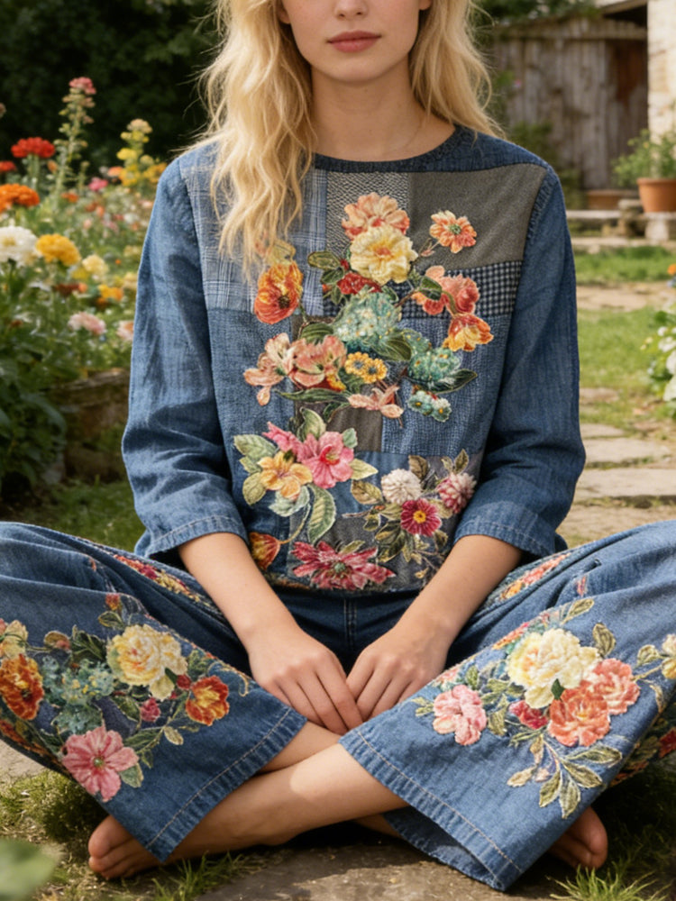 Vintage Floral Patchwork Pattern Women's Linen Long Sleeve Shirt elevenforest