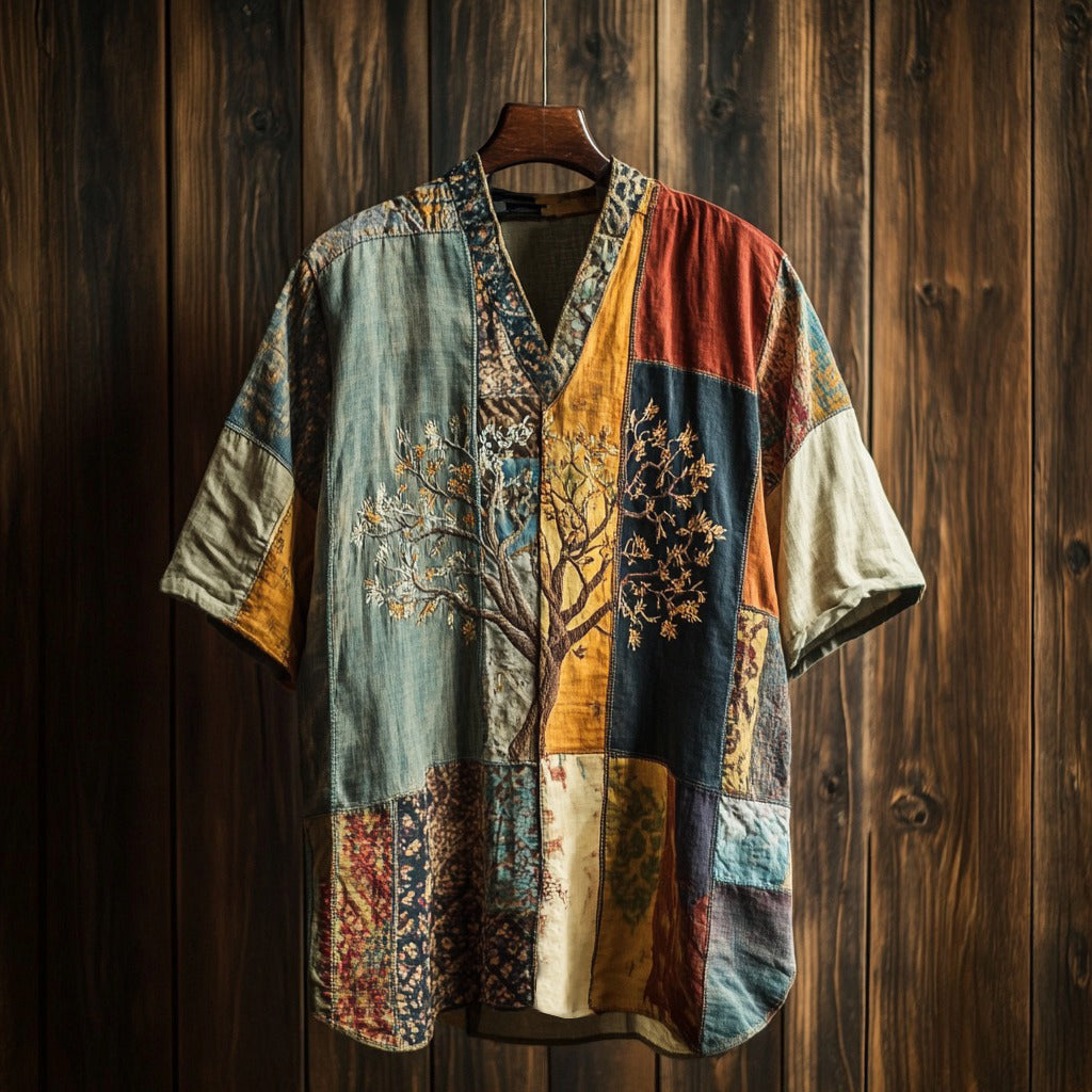 Men's Tribal Ethnic Tree Of Life Patchwork Art T-shirt elevenforest