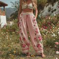 Women's Patchwork Rose Floral Contrast Waist Elastic Pocket Pants elevenforest