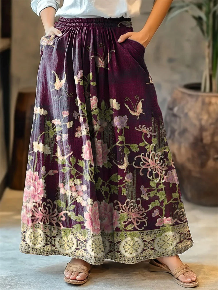 Women's Floral And Butterfly Art Print Cotton Skirt elevenforest