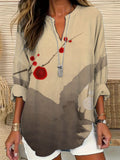 Comstylish Floral Japanese Print Linen Long Sleeve V-Neck Shirt