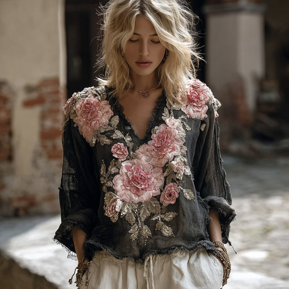 Bohème Pink Rose Embroidery V-neck Long-sleeved Top elevenforest