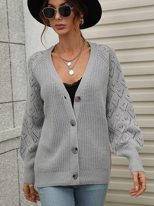 Long Sleeves Loose Color V-neck Cardigan Tops