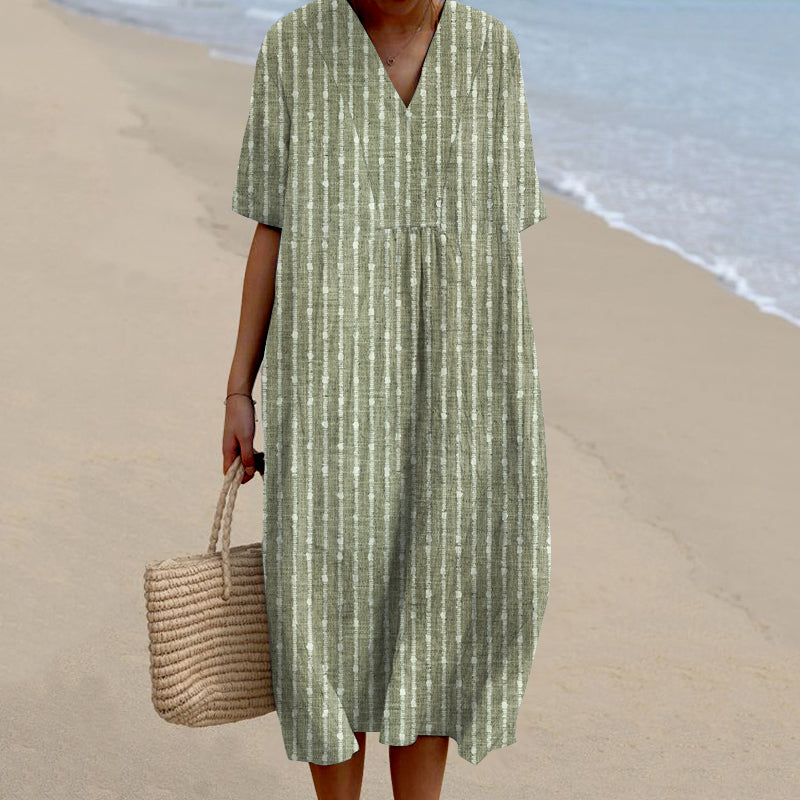 Women Vintage Stripes Casual V Neck Midi Dress elevenforest