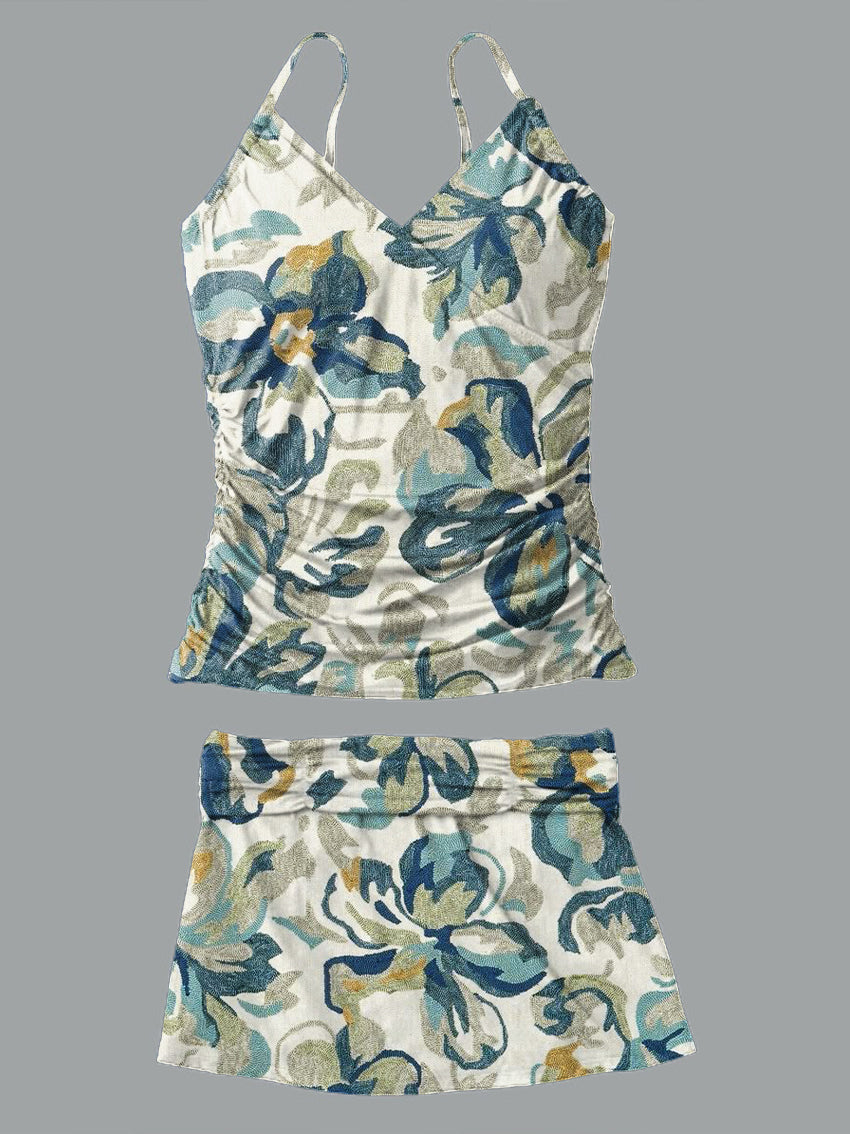 V-Neck Vintage Flowers Print Suspender Skirt Tankini Pantskirt Set Swimsuit