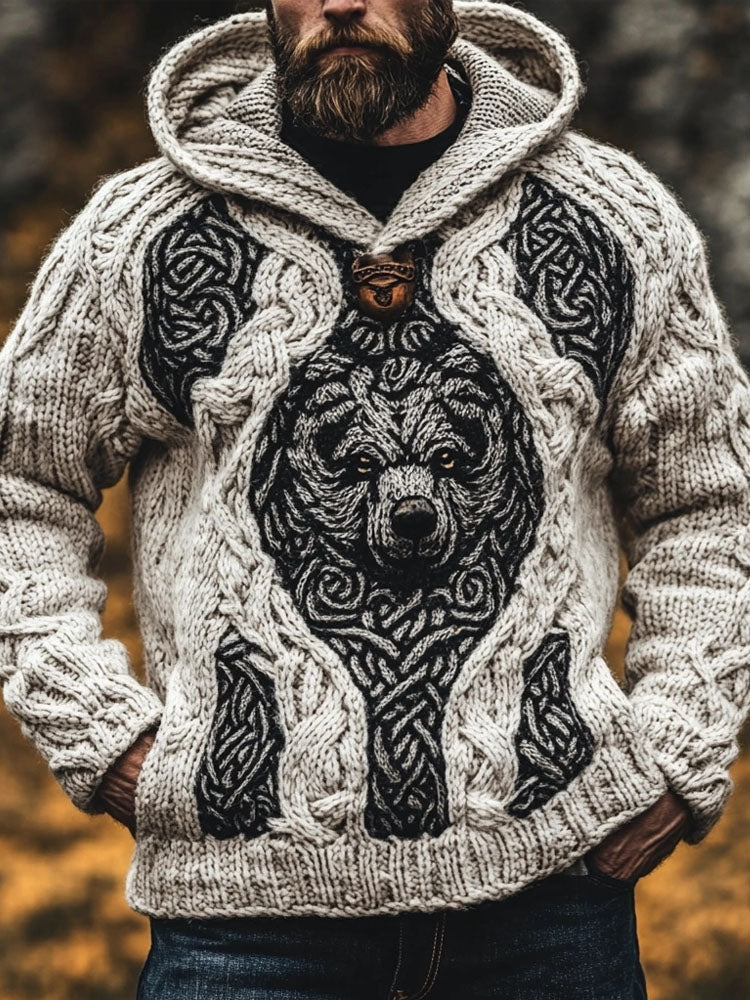 Men's Bear Inspired Viking Celtic Jacquard Chunky Hooded Sweater elevenforest