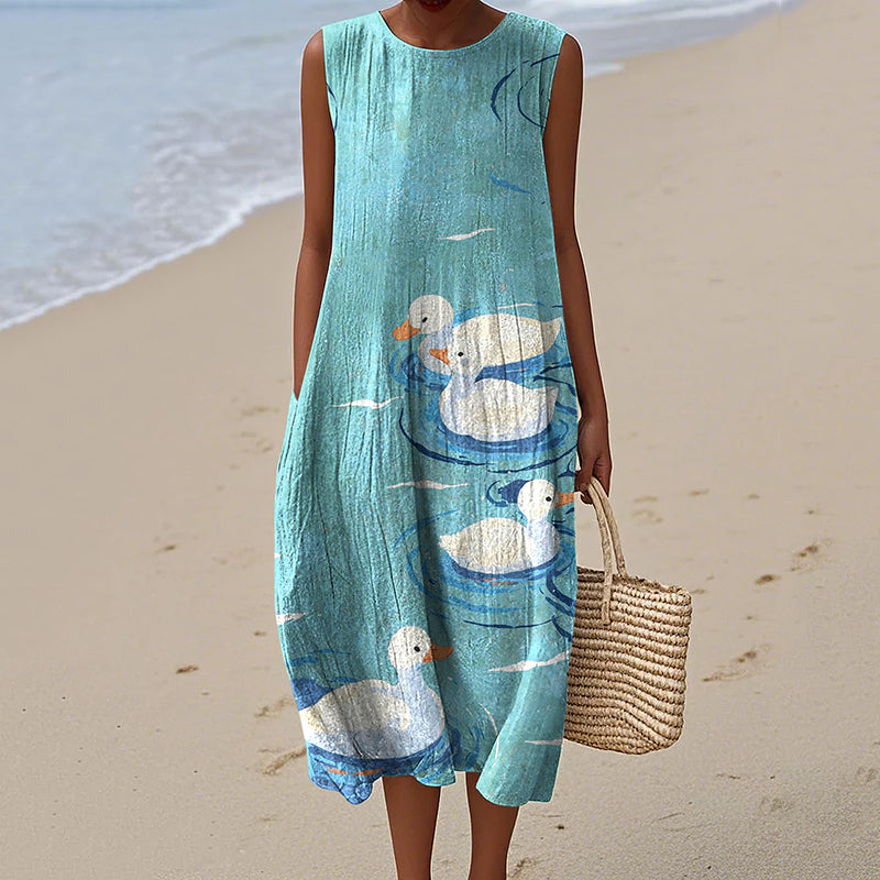 Vintage Loose Vintage Cute Duck Art Linen Tank Dress elevenforest