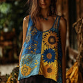 Boho Ethnic Sunflowers Patchwork Linen Sleeveless Tank Top elevenforest