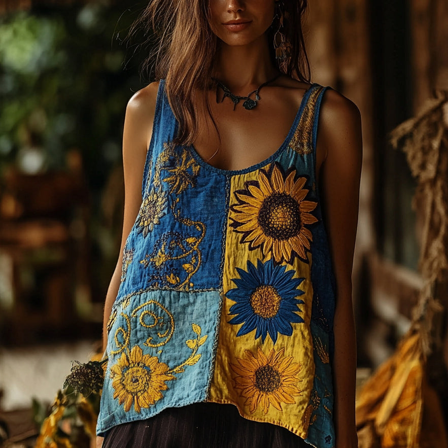 Boho Ethnic Sunflowers Patchwork Linen Sleeveless Tank Top elevenforest